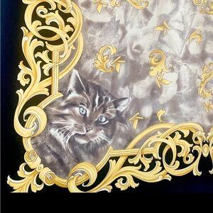 KRIZIA Vintage silk Scarf w/ grey kitty cat motif‎  34 x 34 inches Made in Italy
